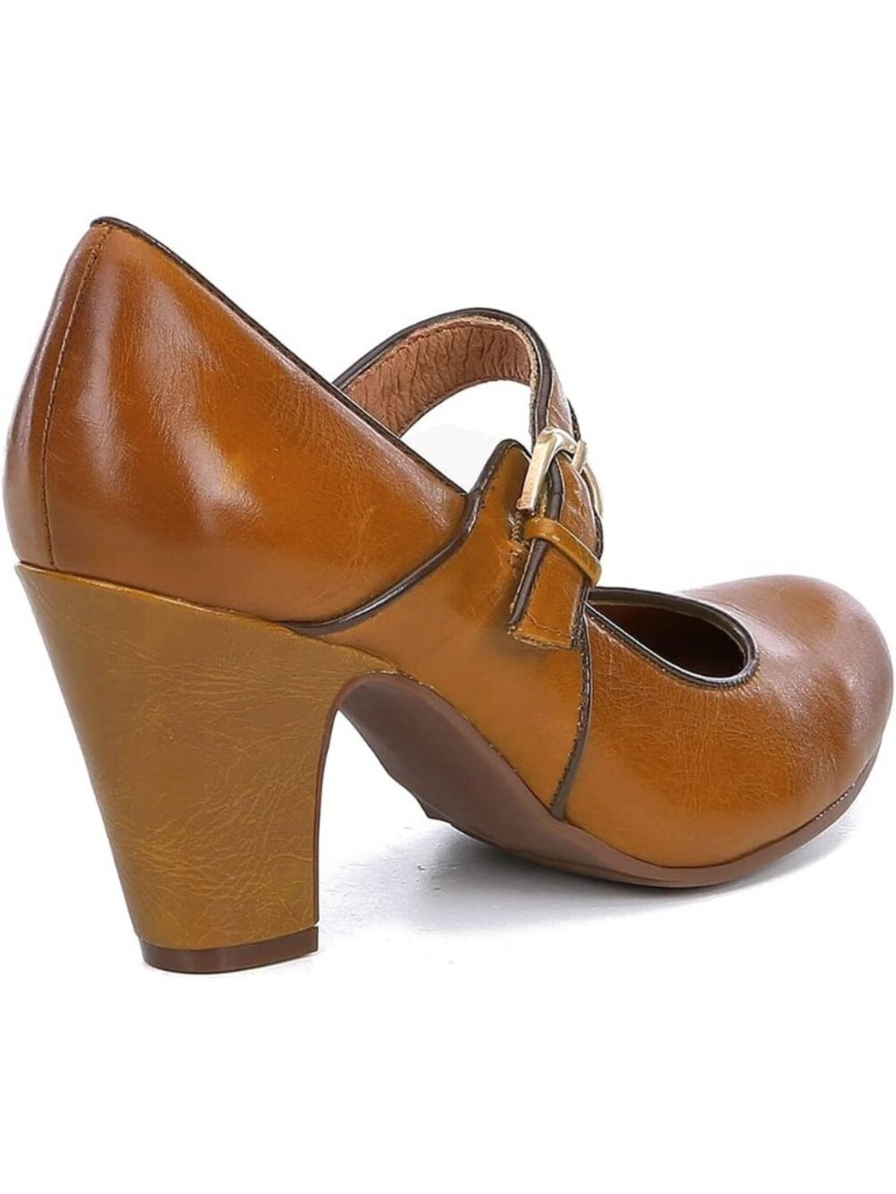 Women's Gold Vintage Chunky Round Closed Toe Ankle Strap Patchwork Buckle Pumps - Picture 6 of 7